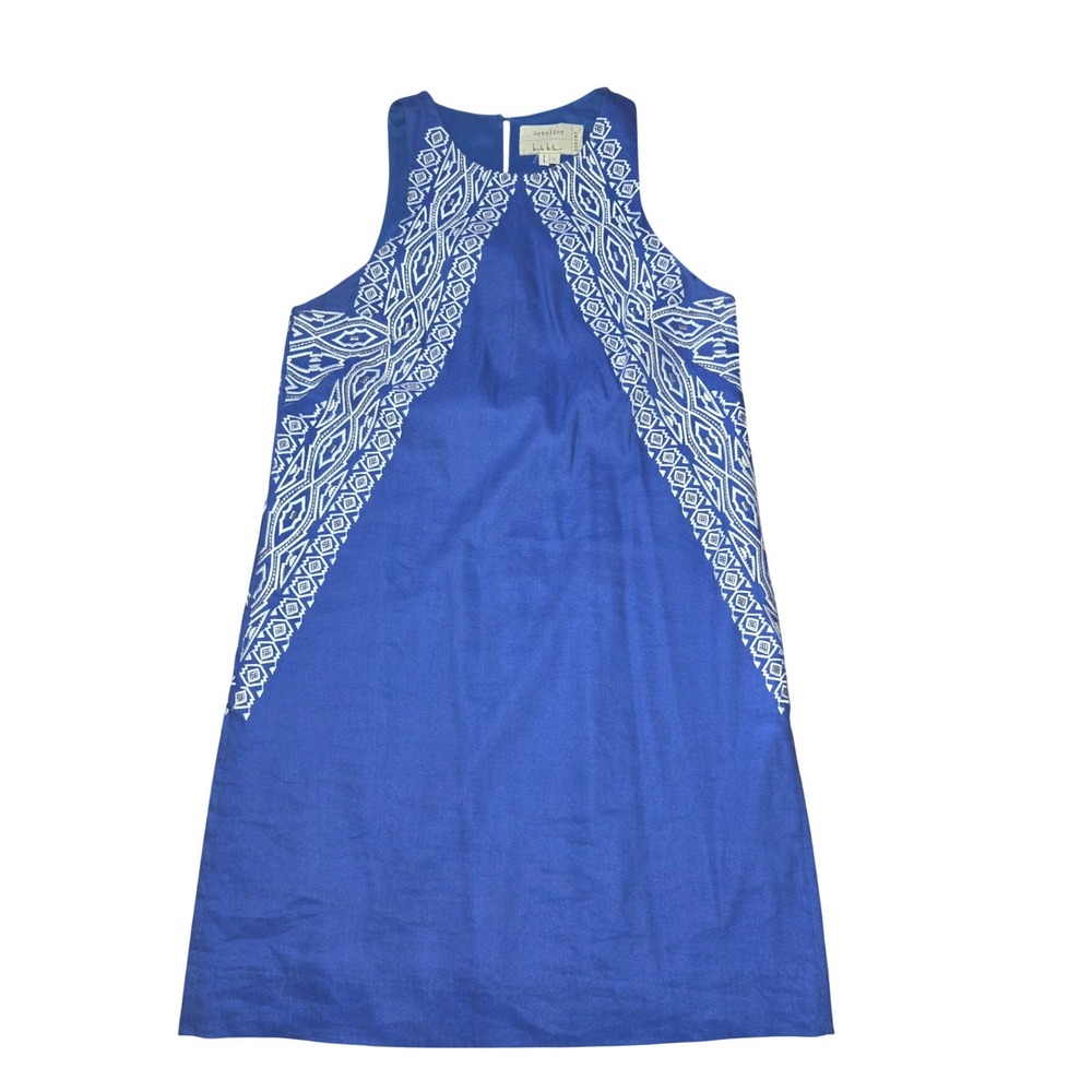 Artelier‎ Nicole Miller Dress Womens 4 Blue Embroidered Linen Blend Mini BJ10046